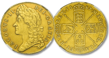 Lot 256. Great Britain, James II, 1685-1688. AV 5 Guinea, 1687, London mint.